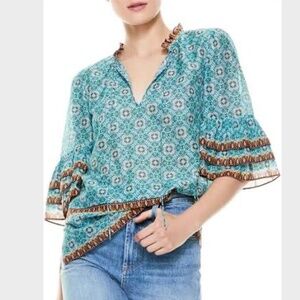 NEW! Alice + Olivia Julius Tiered Sleeve Silk Blend Top Teal Boho Print XS $285